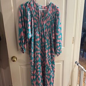 Smocked V-Neck Pink & Teal Printed Nightgown